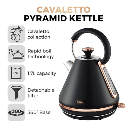 Tower Cavaletto Pyramid Kettle, 2 Slice Toaster & Canister Set (Black) - Vibe Home