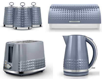 Tower Solitaire Kettle, 2 Slice Toaster, Bread Bin & Canisters Kitchen Set (Grey) - Vibe Home