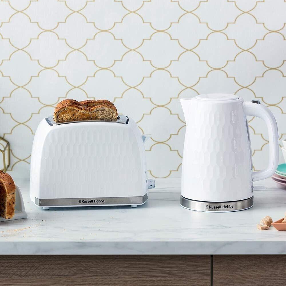 Russell Hobbs Honeycomb Kettle & 2 Slice Toaster Kitchen Set (White) - Vibe Home
