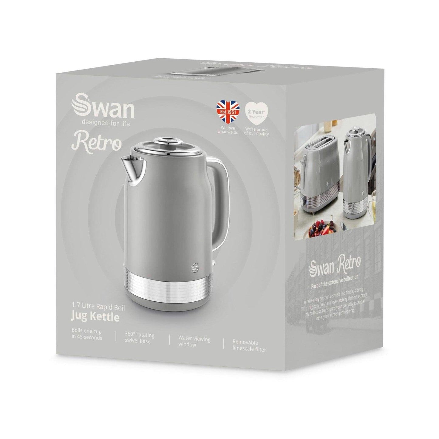 Swan Retro Jug Kettle & 2 Slice Toaster Kitchen Set (Grey) - Vibe Home