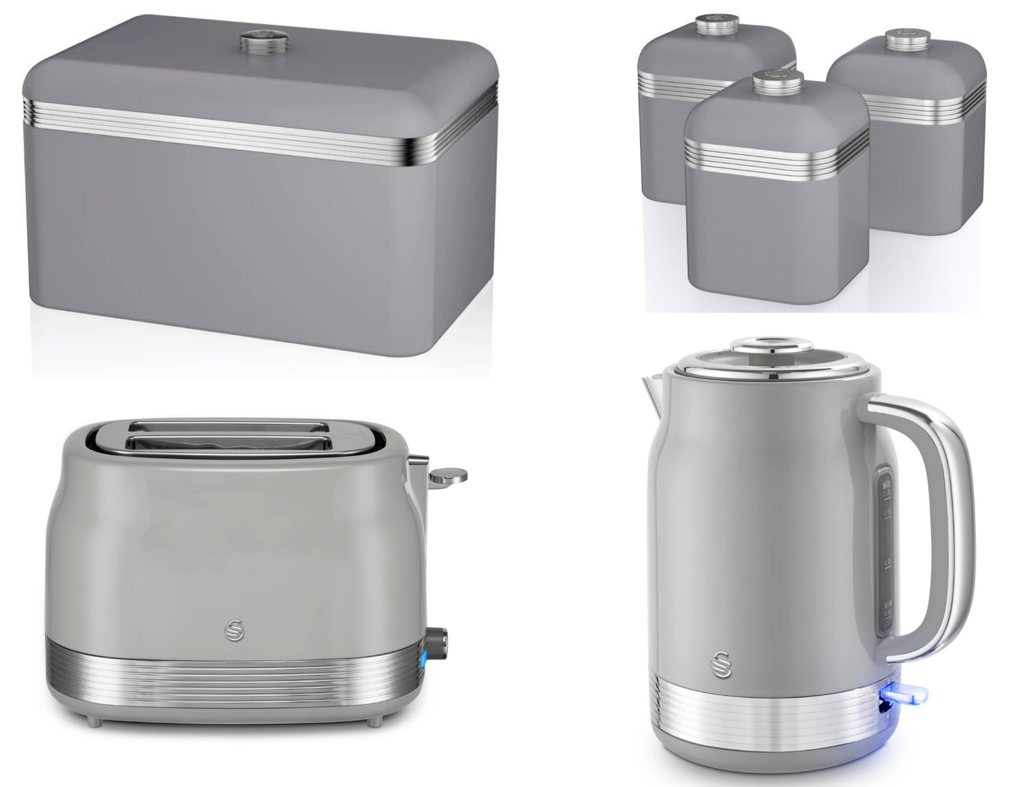Swan Retro Jug Kettle, 2 Slice Toaster, Bread Bin, Canisters Kitchen Set (Grey) - Vibe Home