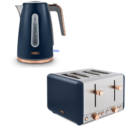 Tower Cavaletto Jug Kettle & 4 Slice Toaster Kitchen Set (Midnight Blue) - Vibe Home