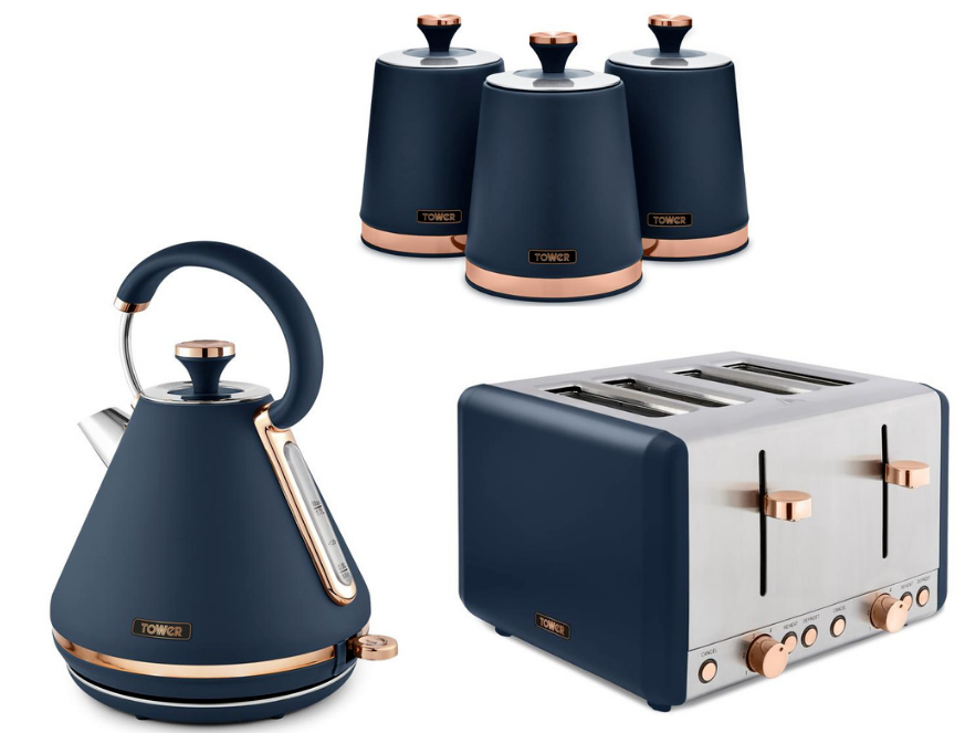 Tower Cavaletto Pyramid Kettle, 4 Slice Toaster & Canister Kitchen Set (Midnight Blue) - Vibe Home