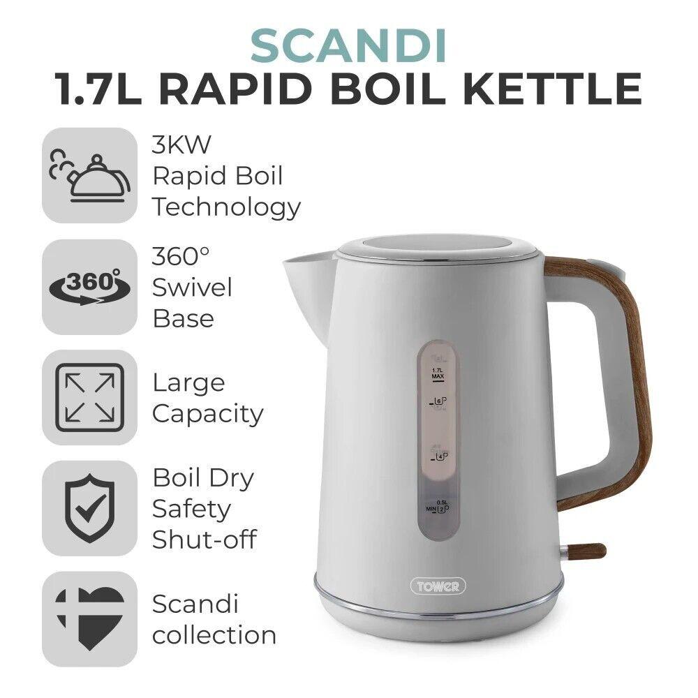 Tower Scandi Kettle, 2 Slice Toaster, Bread Bin, Canisters & Biscuit Barrel Kitchen Set (Dove Grey) - Vibe Home