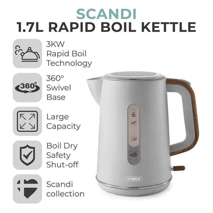 Tower Scandi Kettle, 2 Slice Toaster, Bread Bin, Canisters & Biscuit Barrel Kitchen Set (Dove Grey) - Vibe Home