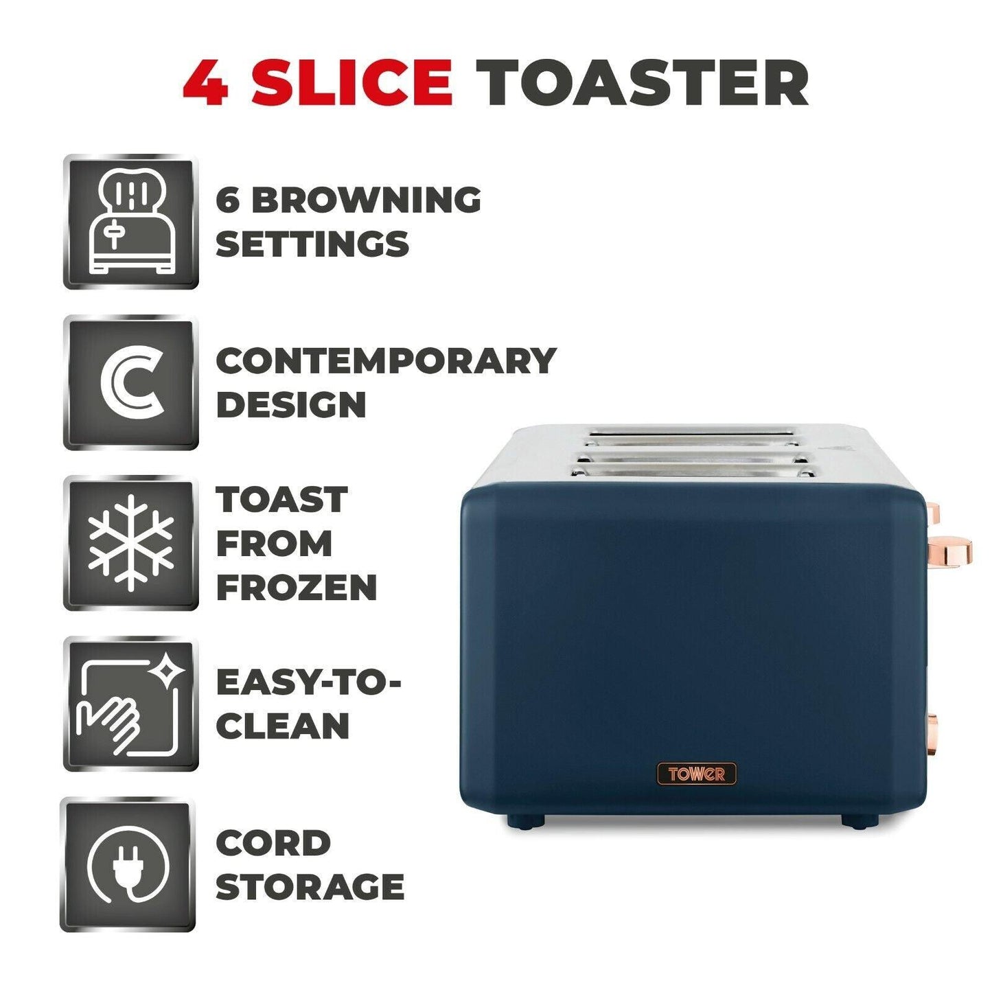 Tower Cavaletto Jug Kettle & 4 Slice Toaster Kitchen Set (Midnight Blue) - Vibe Home