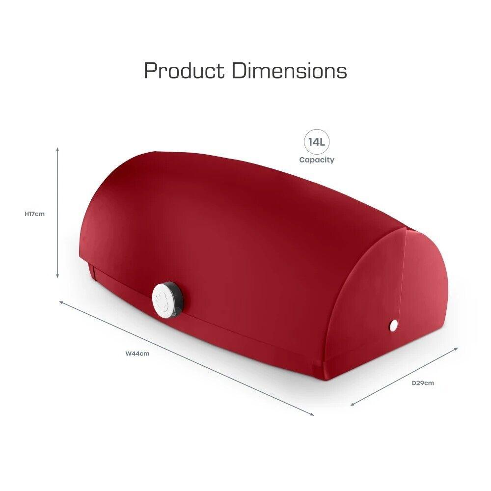 Red bread bin with roll-top lid, side profile view