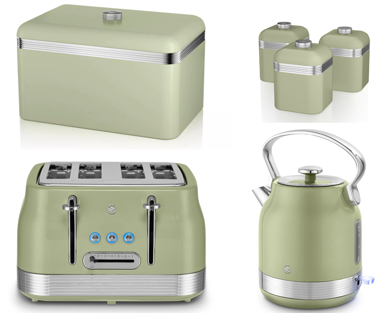Swan Retro Pyramid Kettle, 4 Slice Toaster, Bread Bin & Canisters Kitchen Set (Green) - Vibe Home