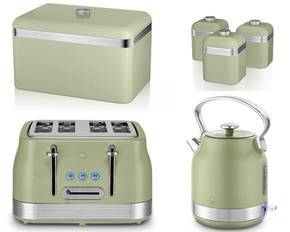 Swan Retro Pyramid Kettle, 4 Slice Toaster, Bread Bin & Canisters Kitchen Set (Green) - Vibe Home