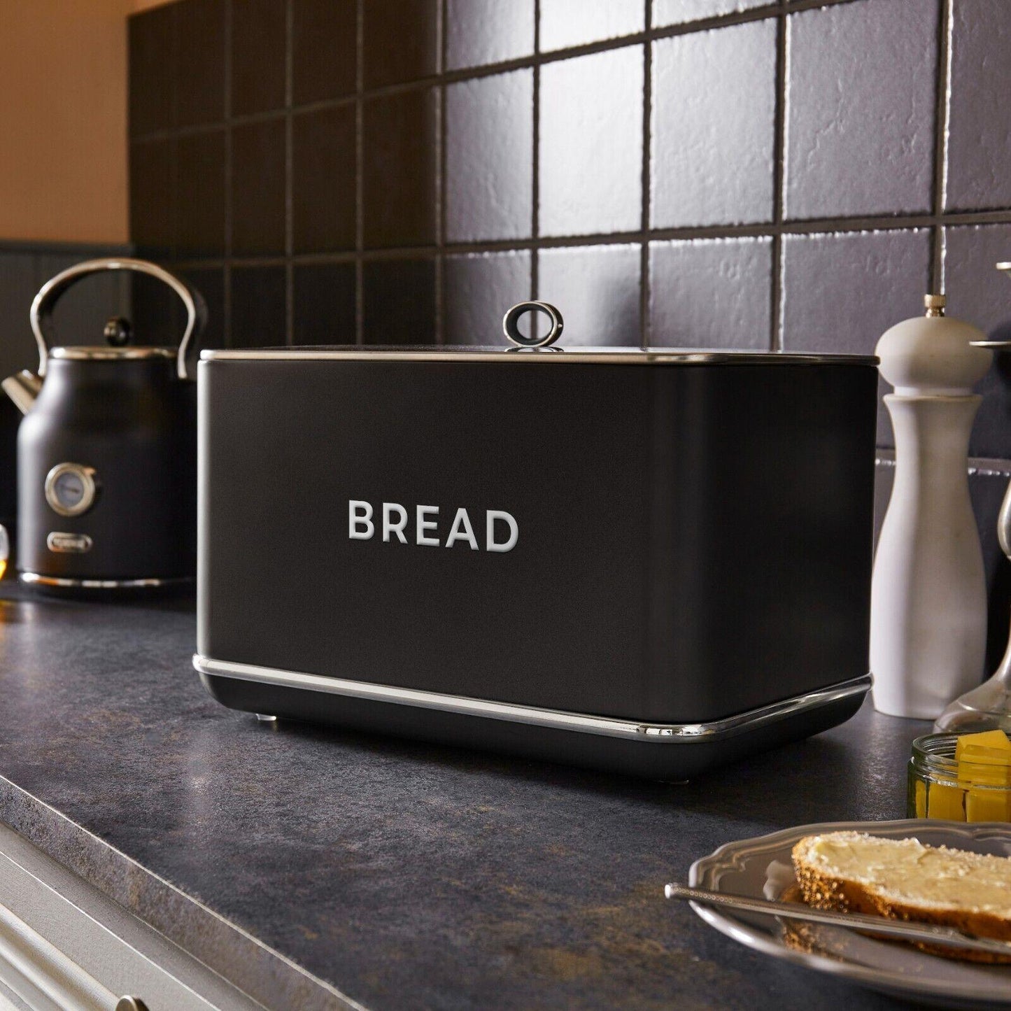 Tower Renaissance Kettle, 4 Slice Toaster, Bread Bin, Canisters Kitchen Set (Black) - Vibe Home