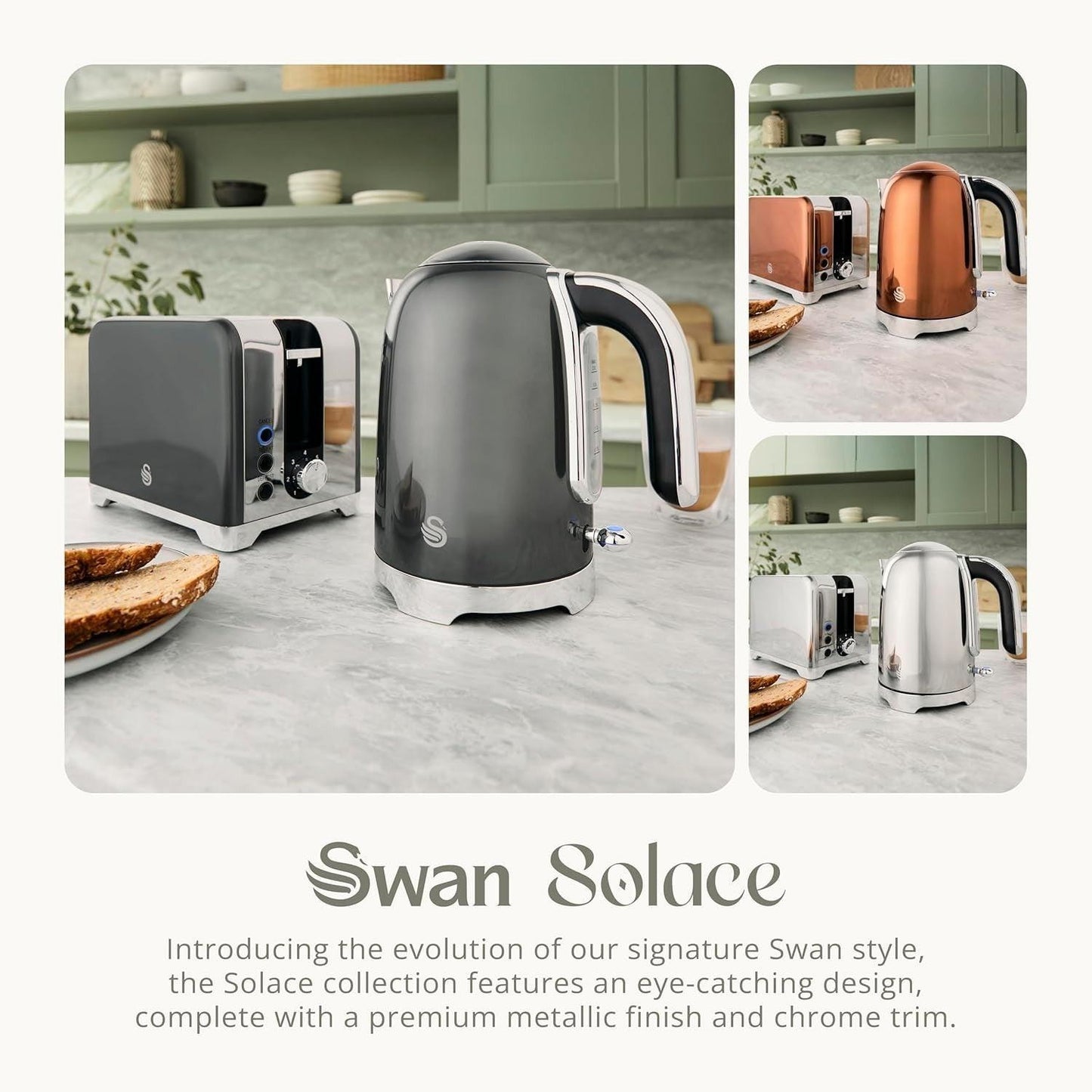 Swan Solace Kettle & 2 Slice Toaster Kitchen Set Grey (Graphite) - Vibe Home