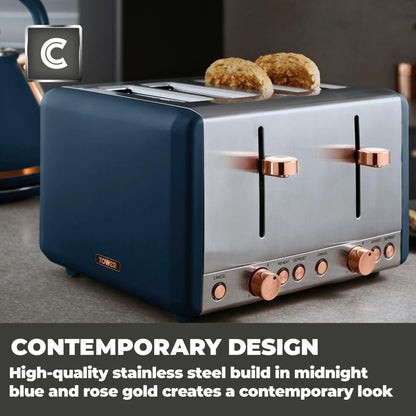 Tower Cavaletto Jug Kettle & 4 Slice Toaster Kitchen Set (Midnight Blue) - Vibe Home