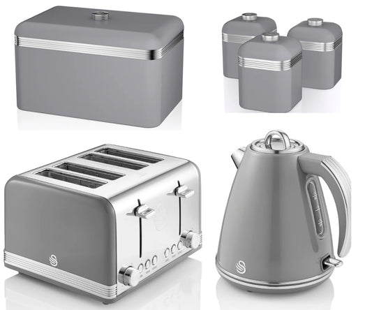 The Swan Retro Grey Kettle, 4 Slice Toaster, Bread Bin and Canisters Kitchen Set