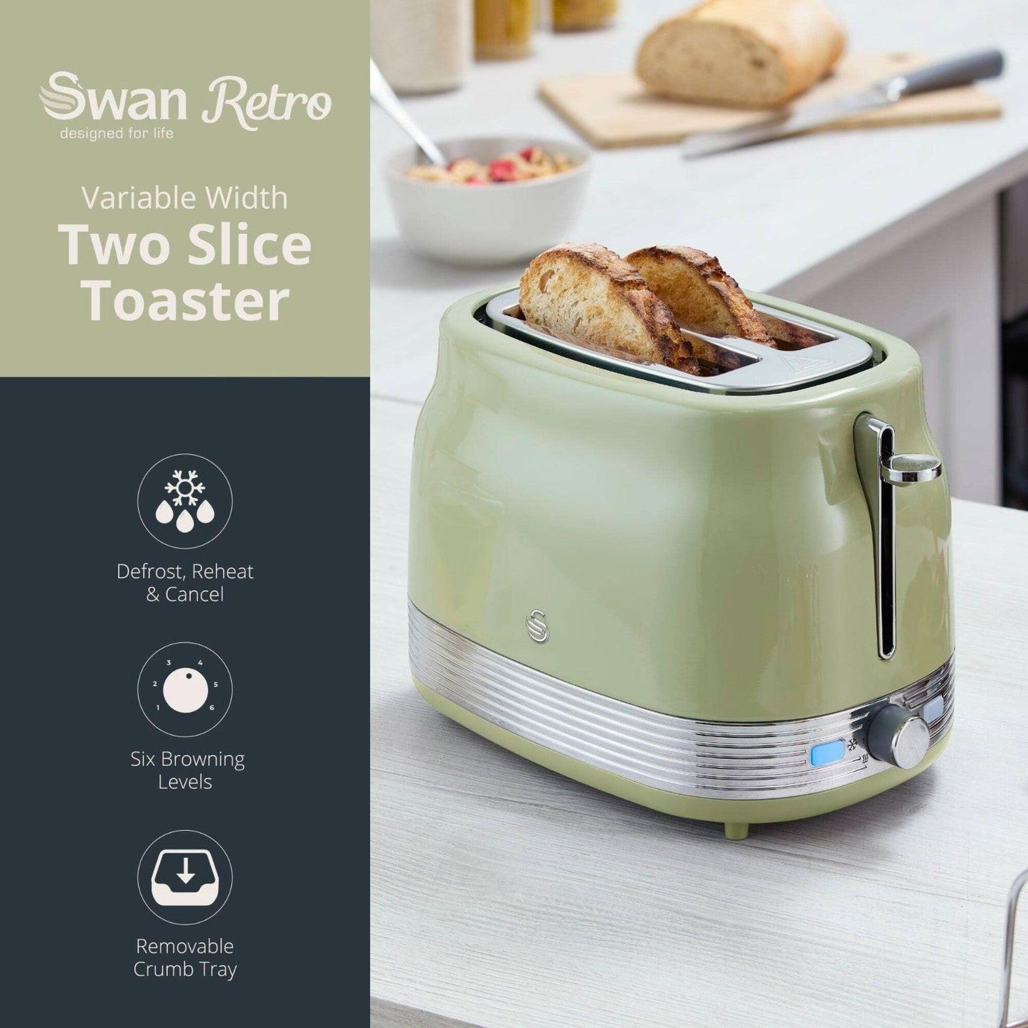 Swan Retro Jug Kettle & 2 Slice Toaster Kitchen Set (Green) - Vibe Home