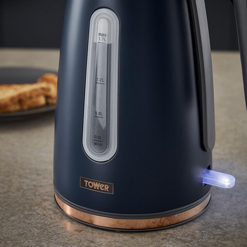 Tower Cavaletto Jug Kettle & 4 Slice Toaster Kitchen Set (Midnight Blue) - Vibe Home