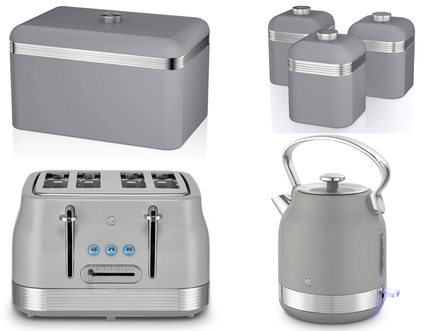 Swan Retro Pyramid Kettle, 4 Slice Toaster, Bread Bin, Canisters Kitchen Set (Grey) - Vibe Home