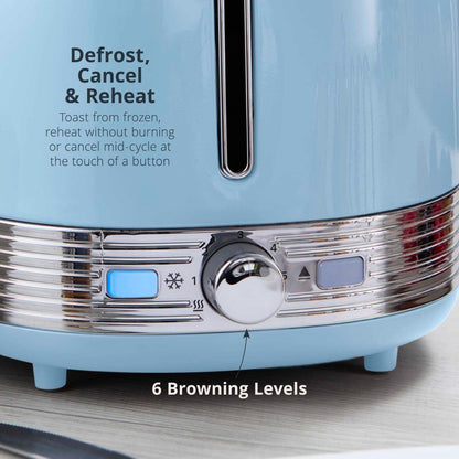 Swan Retro Pyramid Kettle, 2 Slice Toaster, Bread Bin & Canisters Kitchen Set (Blue) - Vibe Home