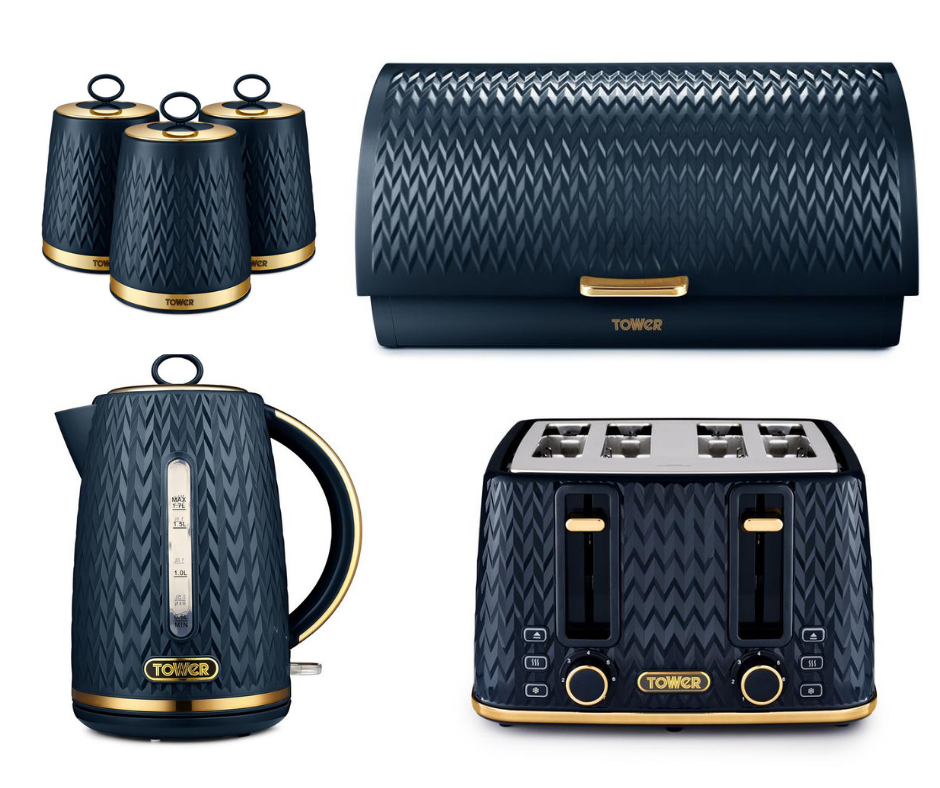 Tower Empire Kettle, 4 Slice Toaster, Bread Bin, Canisters Kitchen Set (Midnight Blue) - Vibe Home
