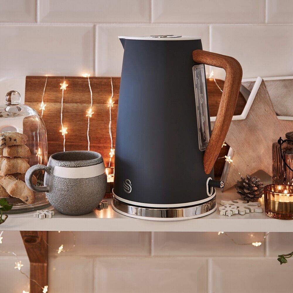 Swan Nordic Kettle, 4 Slice Toaster, Bread Bin & Canisters Kitchen Set (Grey) - Vibe Home