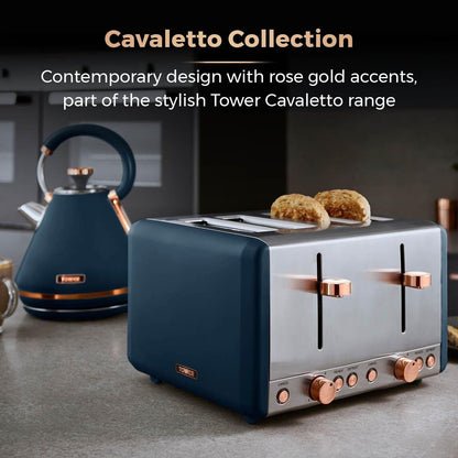 Tower Cavaletto Pyramid Kettle, 4 Slice Toaster & Canister Kitchen Set (Midnight Blue) - Vibe Home