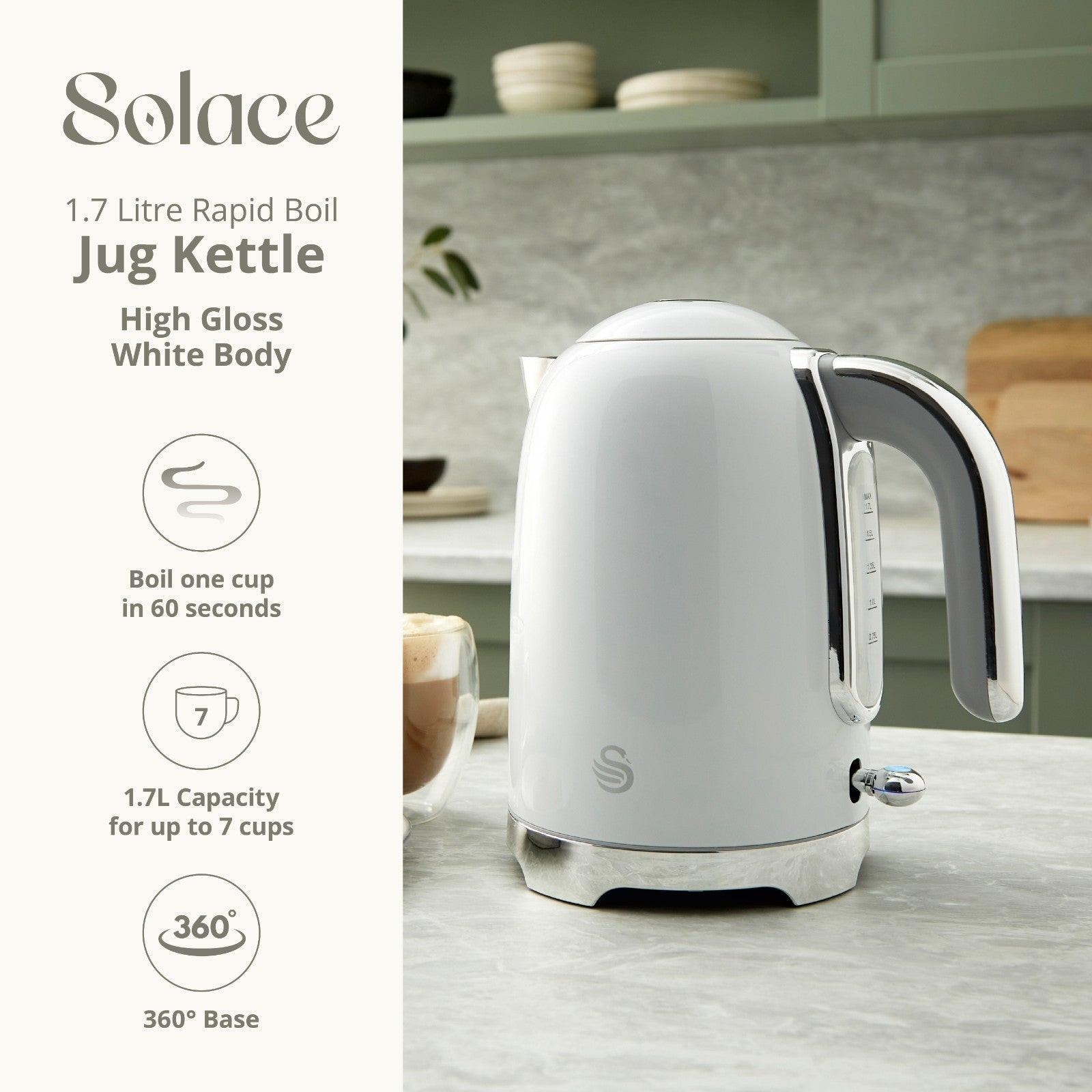 Swan Solace Jug Kettle, 2 Slice Toaster, Bread Bin, Canisters Kitchen Set (White) - Vibe Home