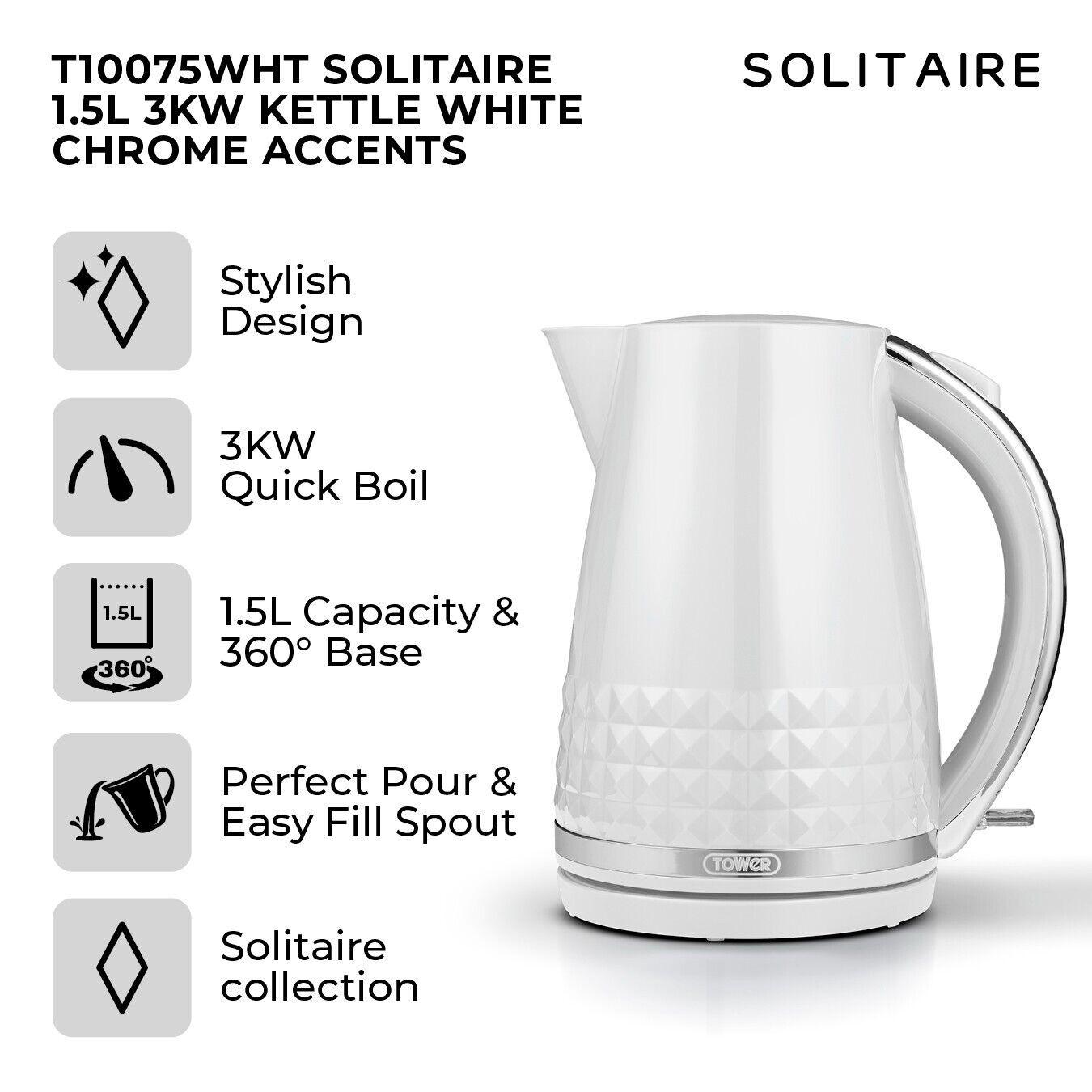 Tower Solitaire Kettle, 2 Slice Toaster, Bread Bin & Canisters Kitchen Set (White) - Vibe Home