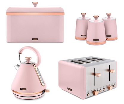 Tower Cavaletto Pyramid Kettle, 4 Slice Toaster, Bread Bin, Canisters Kitchen Set (Pink) - Vibe Home