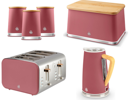 Swan Nordic Kettle, 4 Slice Toaster, Bread Bin, Canisters Kitchen Set (Fuchsia Rose) - Vibe Home
