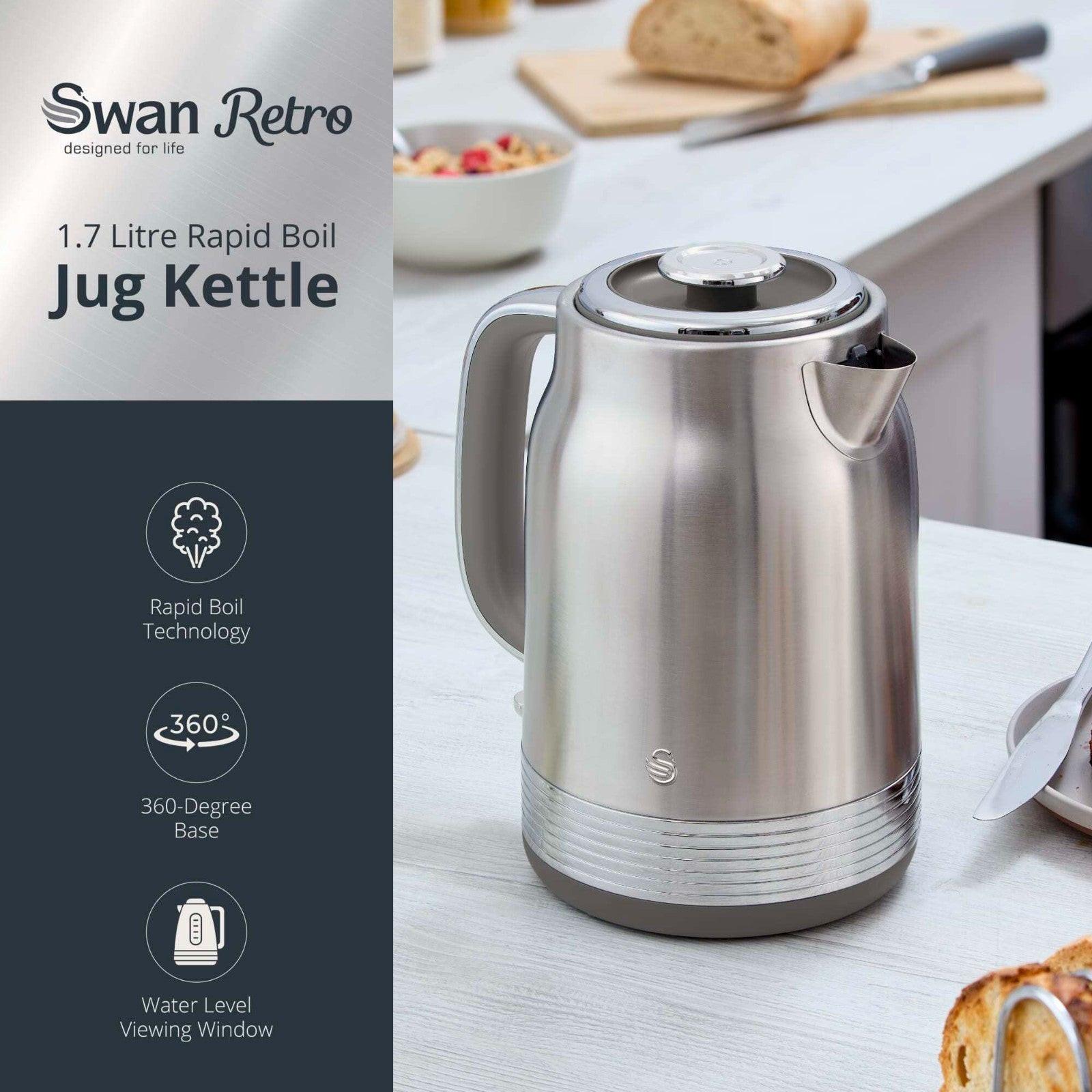 Swan Retro Jug Kettle & 4 Slice Toaster Kitchen Set Silver (Stainless Steel) - Vibe Home
