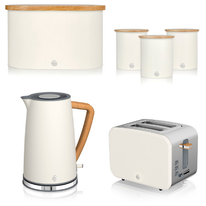 Swan Nordic Kettle, 2 Slice Toaster, Bread Bin, Canisters Kitchen Set (White) - Vibe Home