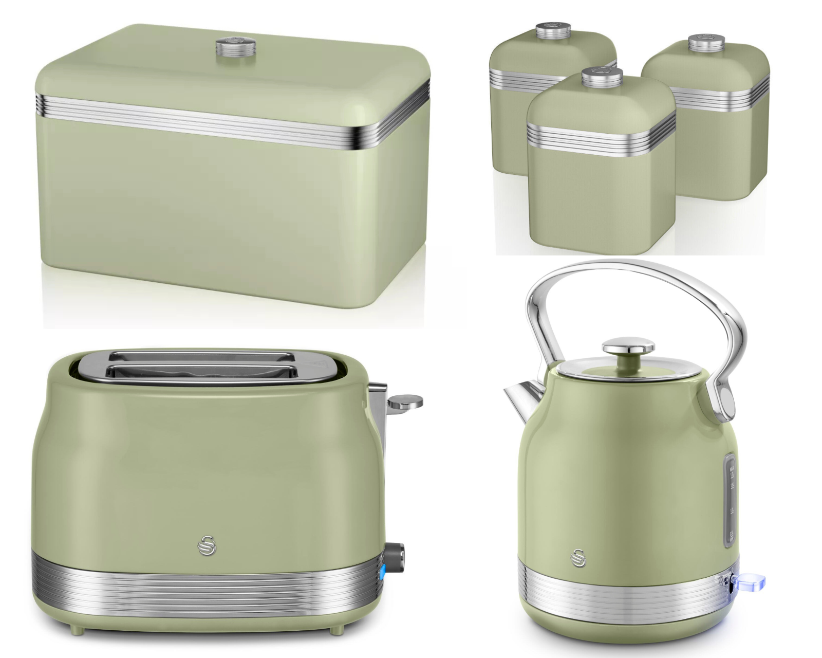 Swan Retro Pyramid Kettle, 2 Slice Toaster, Bread Bin, Canisters Kitchen Set (Green) - Vibe Home