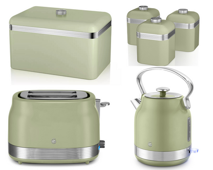 Swan Retro Pyramid Kettle, 2 Slice Toaster, Bread Bin, Canisters Kitchen Set (Green) - Vibe Home