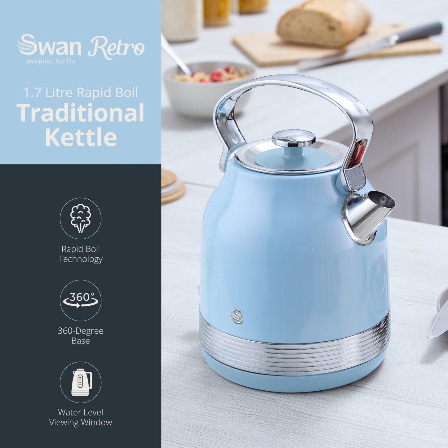 Swan Retro Pyramid Kettle, 2 Slice Toaster, Bread Bin & Canisters Kitchen Set (Blue) - Vibe Home
