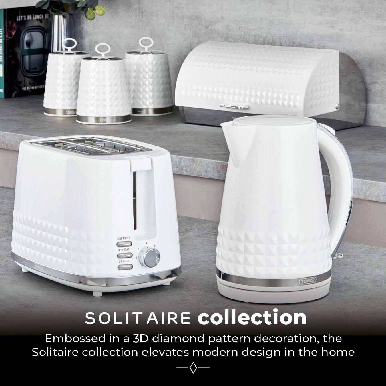 Tower Solitaire Kettle, 2 Slice Toaster, Bread Bin & Canisters Kitchen Set (White) - Vibe Home