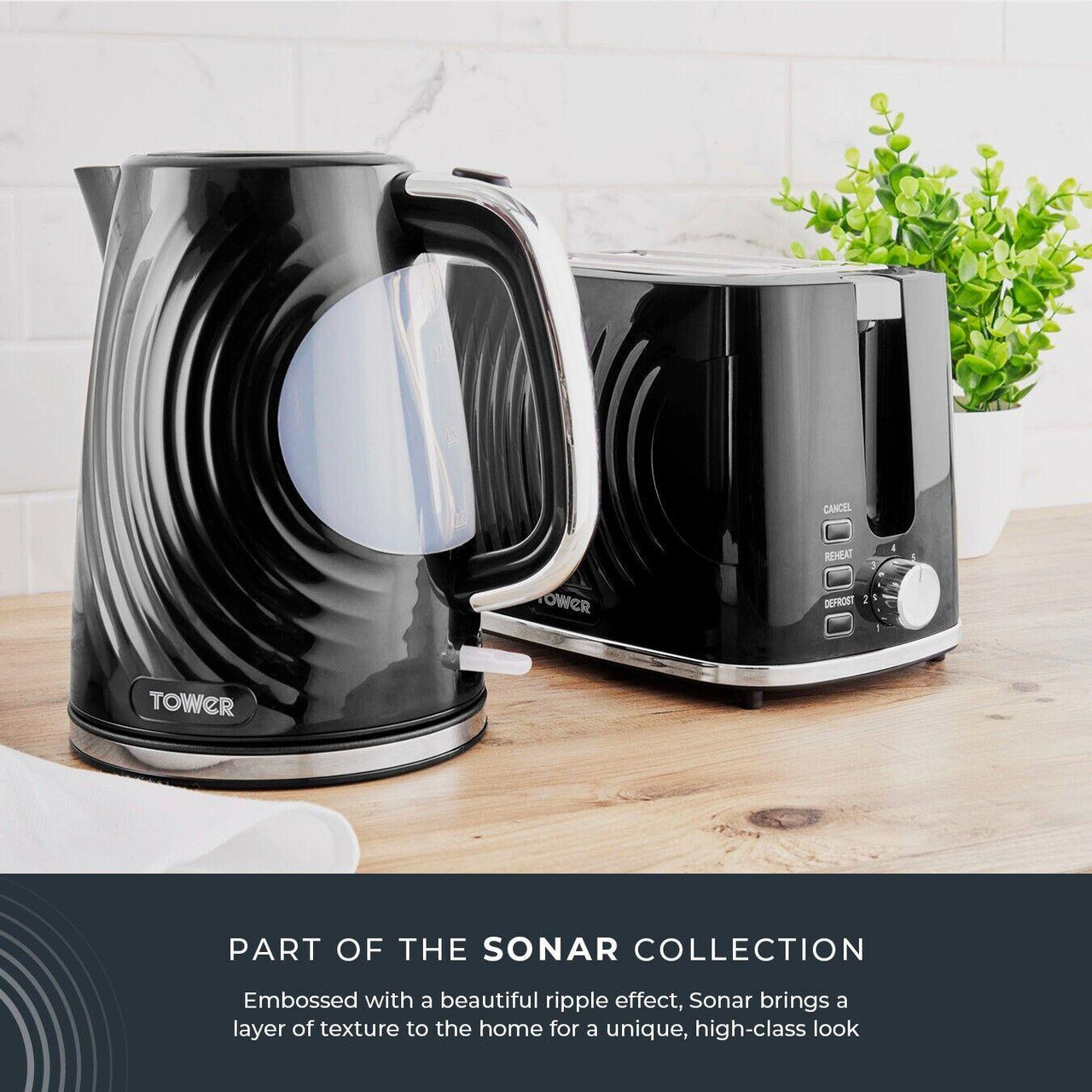 Tower Sonar Kettle & 2 Slice Toaster Kitchen Set (Black) - Vibe Home