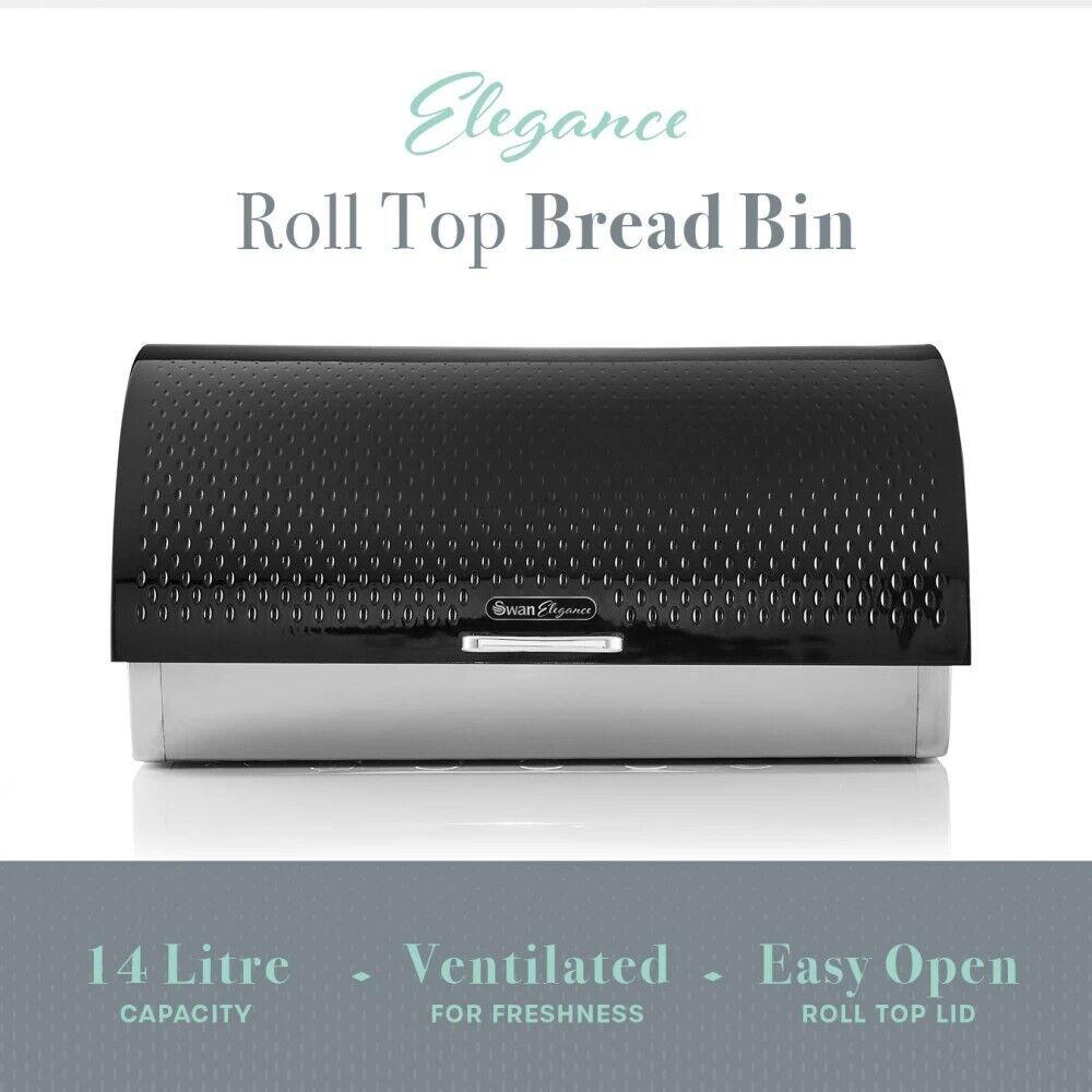 Swan Elegance Kettle, 4 Slice Toaster, Bread Bin, Canisters Kitchen Set (Black) - Vibe Home