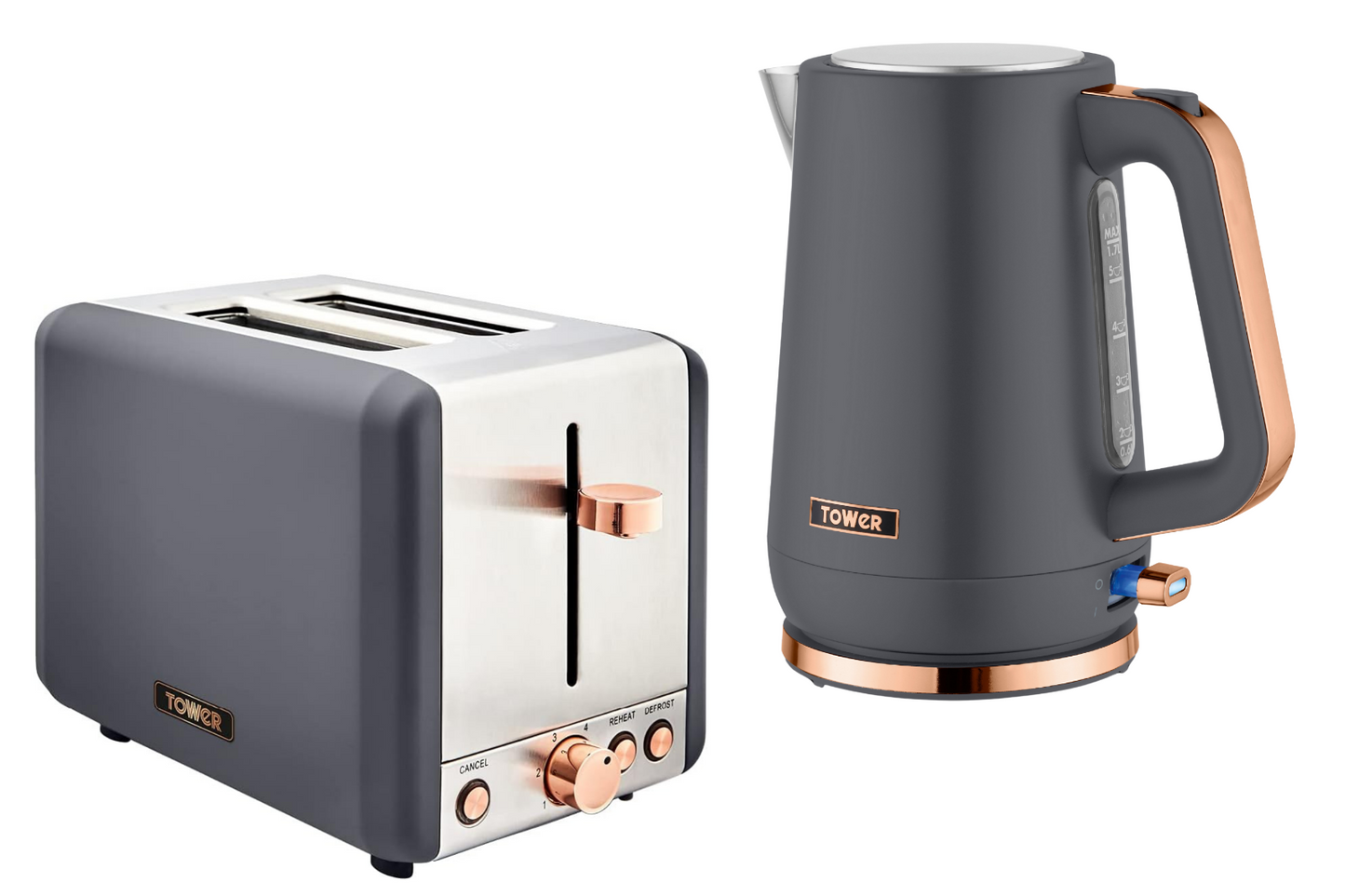 Tower Cavaletto Jug Kettle & 2 Slice Toaster Kitchen Set (Grey) - Vibe Home