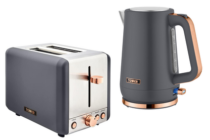 Tower Cavaletto Jug Kettle & 2 Slice Toaster Kitchen Set (Grey) - Vibe Home