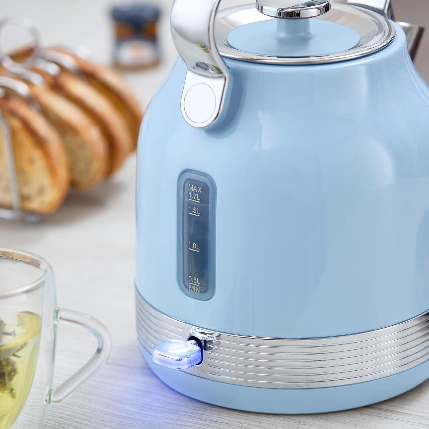 Swan Retro Pyramid Kettle, 4 Slice Toaster & Canisters Kitchen Set (Blue) - Vibe Home