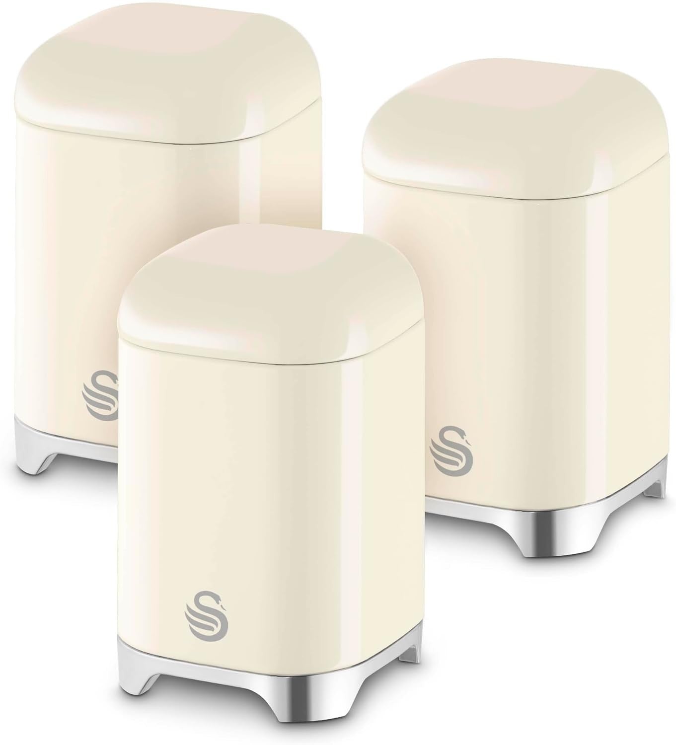 Swan Solace Cream Breadbin & 3 Canisters Kitchen Storage Set with Chrome Trim