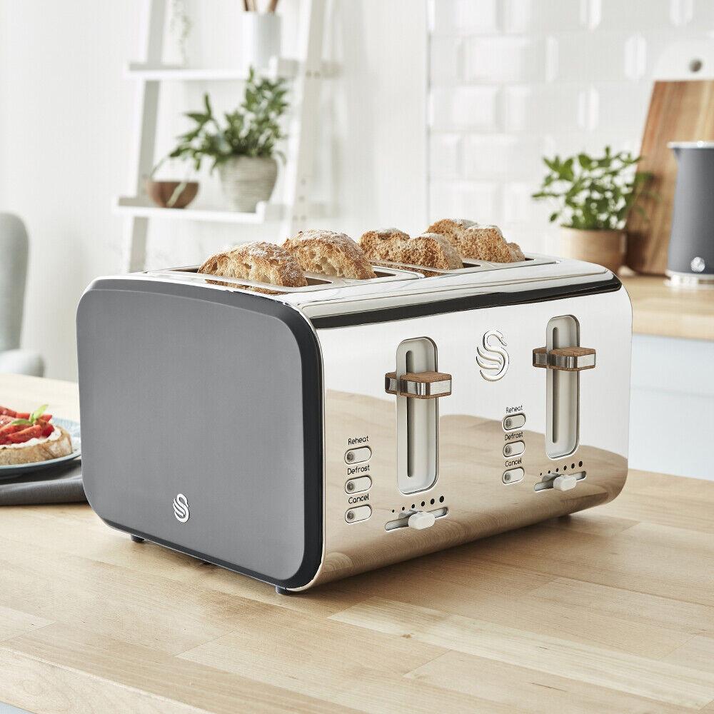 Swan Nordic Kettle, 4 Slice Toaster, Bread Bin & Canisters Kitchen Set (Grey) - Vibe Home