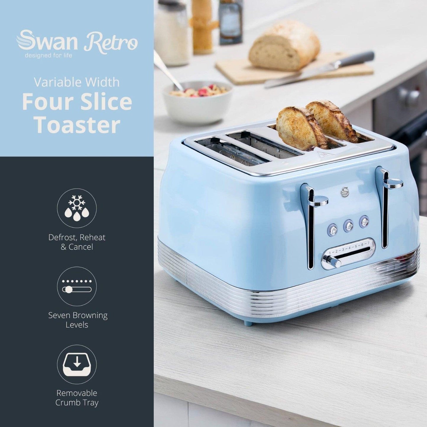 Swan Retro Jug Kettle, 4 Slice Toaster, Bread Bin & Canisters Kitchen Set (Blue) - Vibe Home