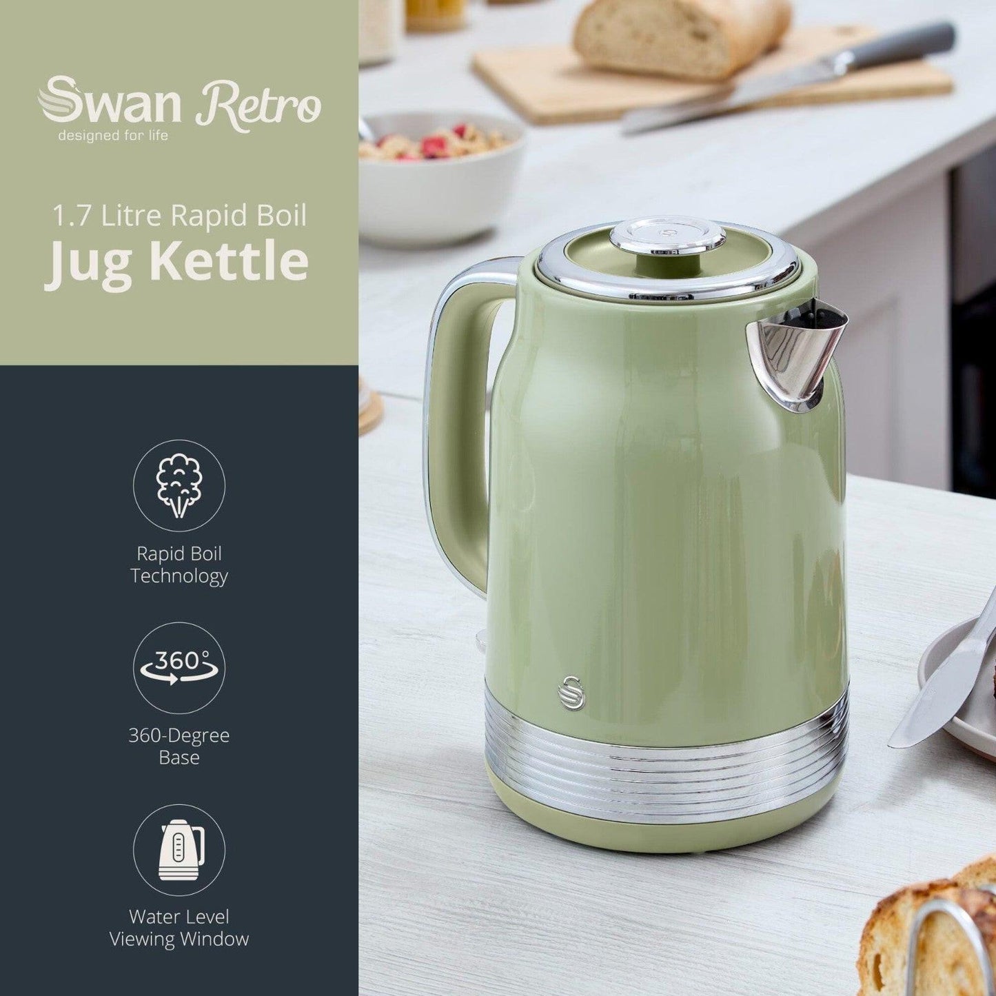 Swan Retro Jug Kettle & 4 Slice Toaster Kitchen Set (Green) - Vibe Home