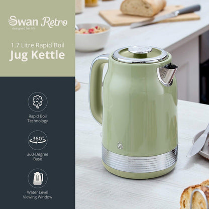 Swan Retro Jug Kettle & 4 Slice Toaster Kitchen Set (Green) - Vibe Home