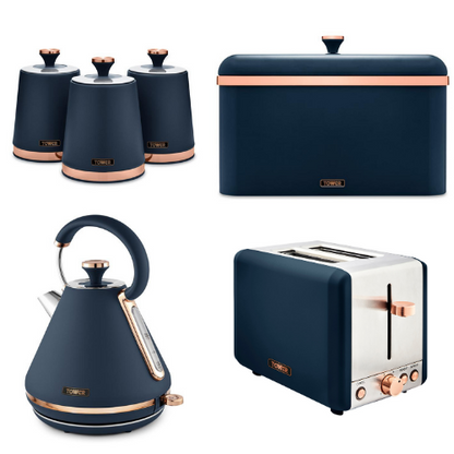 Tower Cavaletto Pyramid Kettle, 2 Slice Toaster, Bread Bin, Canisters Kitchen Set (Midnight Blue) - Vibe Home