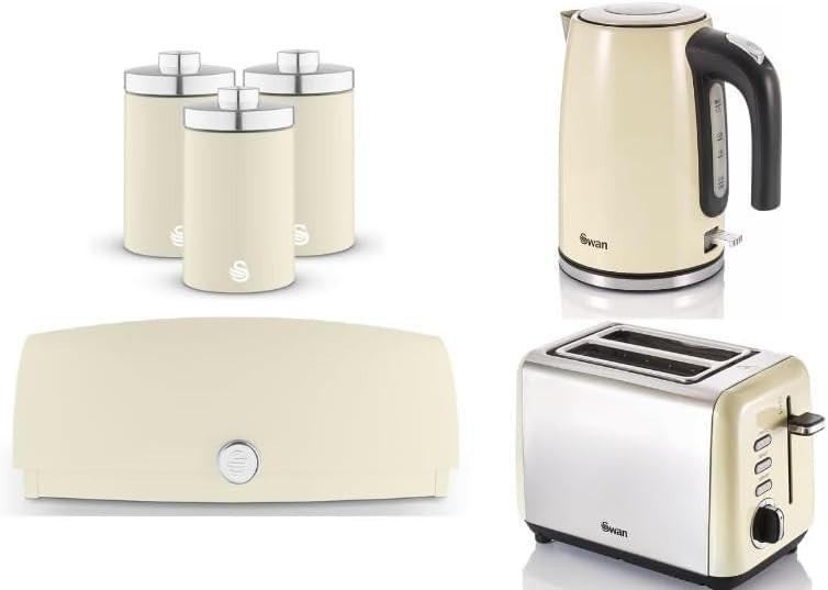 Swan Townhouse Kettle, 2 Slice Toaster, Bread Bin, Canisters Kitchen Set (Cream) - Vibe Home