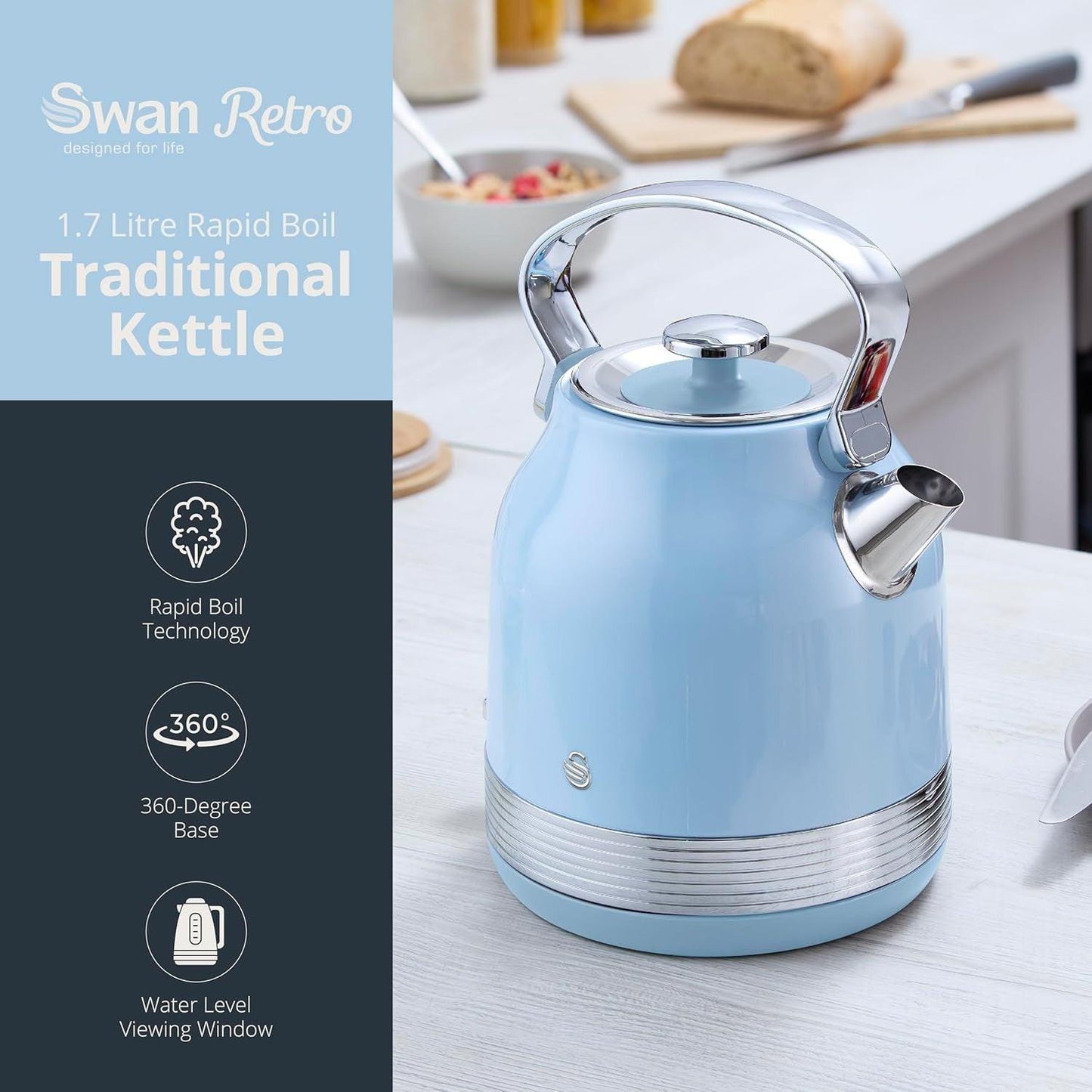 Swan Retro Pyramid Kettle, 4 Slice Toaster & Canisters Kitchen Set (Blue) - Vibe Home