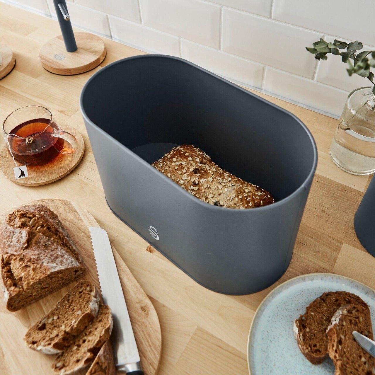 Swan Nordic Kettle, 4 Slice Toaster, Bread Bin & Canisters Kitchen Set (Grey) - Vibe Home