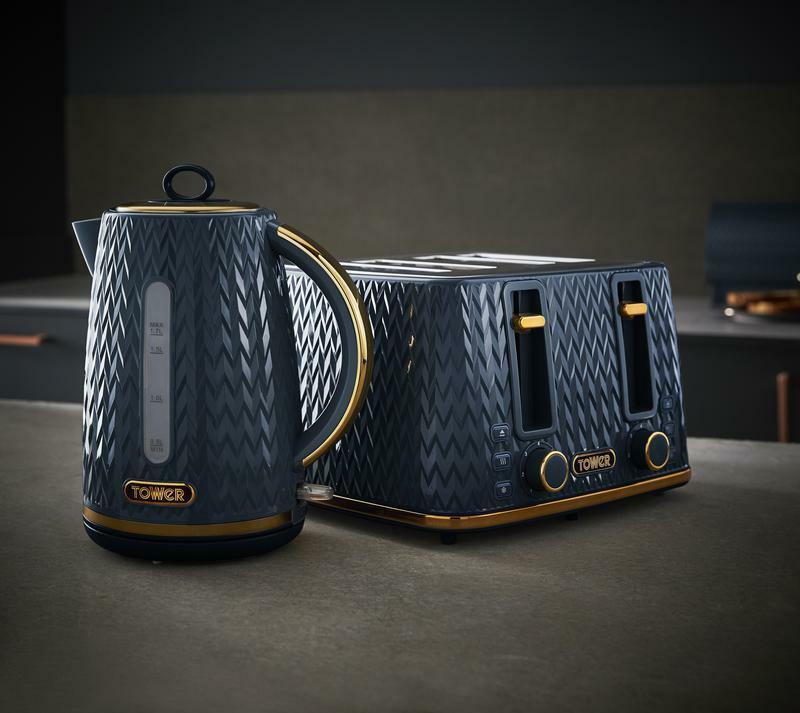 Tower Empire Kettle, 4 Slice Toaster, Bread Bin, Canisters Kitchen Set (Midnight Blue) - Vibe Home