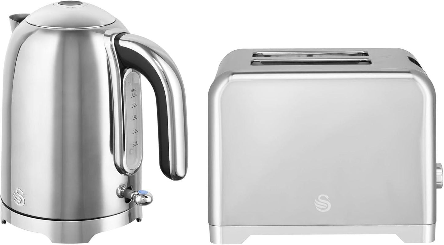 Swan Solace Kettle & 2 Slice Toaster Kitchen Set Silver (Stainless Steel) - Vibe Home